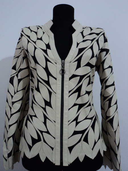 Beige Leather Jacket Woman Coat Women Leaf Design Zipper Short Light V Collar Zip Genuine Lambskin Real Soft Lightweight Tulle