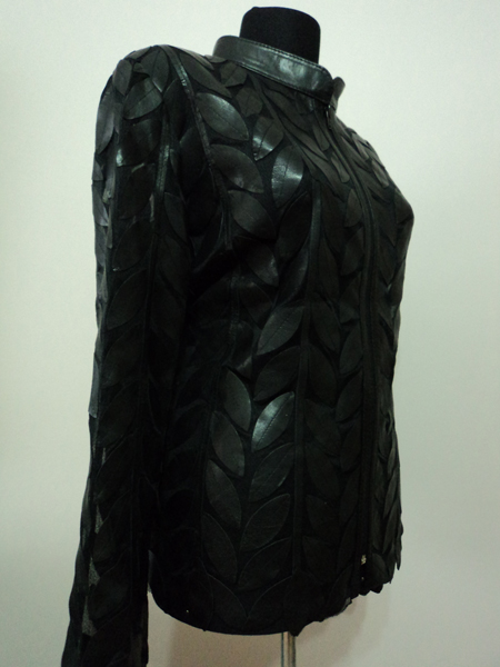 Black Leather Leaf Jacket for Women