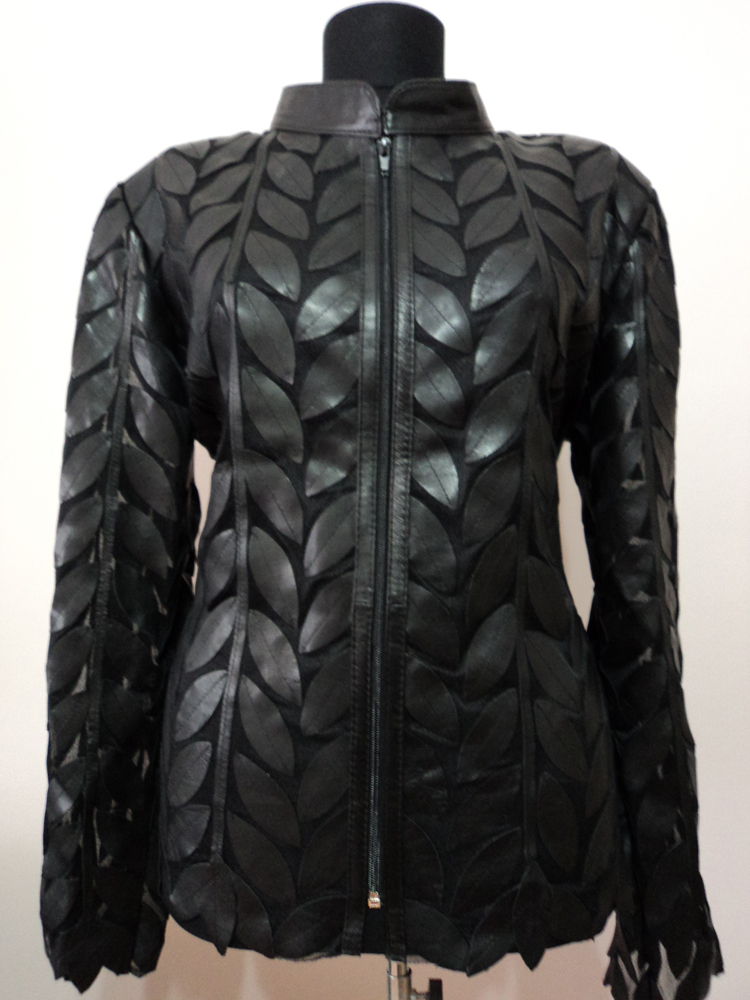 Black Leather Leaf Jacket for Women Design 04 Genuine Short Handmade Lightweight Meshed