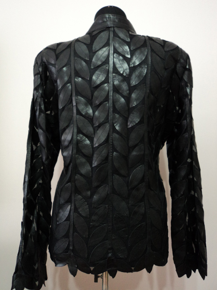 Black Leather Leaf Jacket for Women Design 04 Genuine Short Handmade Lightweight Meshed