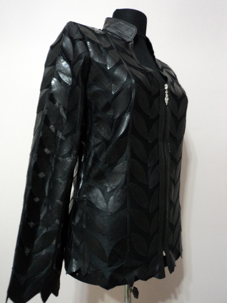 Black Leather Leaf Jacket Women Design Genuine Short Zip Up Light Lightweight