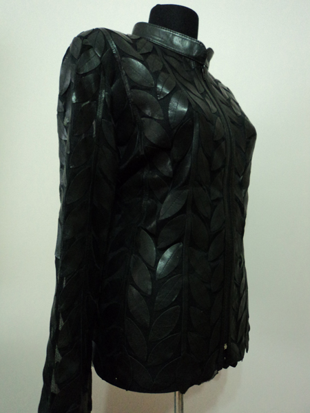 Black Leather Leaf Jacket Women Design Genuine Short Zip Up Light Lightweight