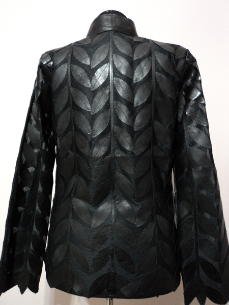 Black Leather Leaf Jacket for Women V Neck Design 08 Genuine Short Zip Up Light Lightweight