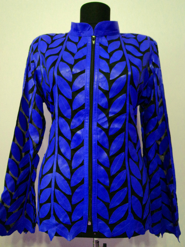 Blue Leather Leaf Jacket for Women Design 04 Genuine Short Handmade Lightweight Meshed
