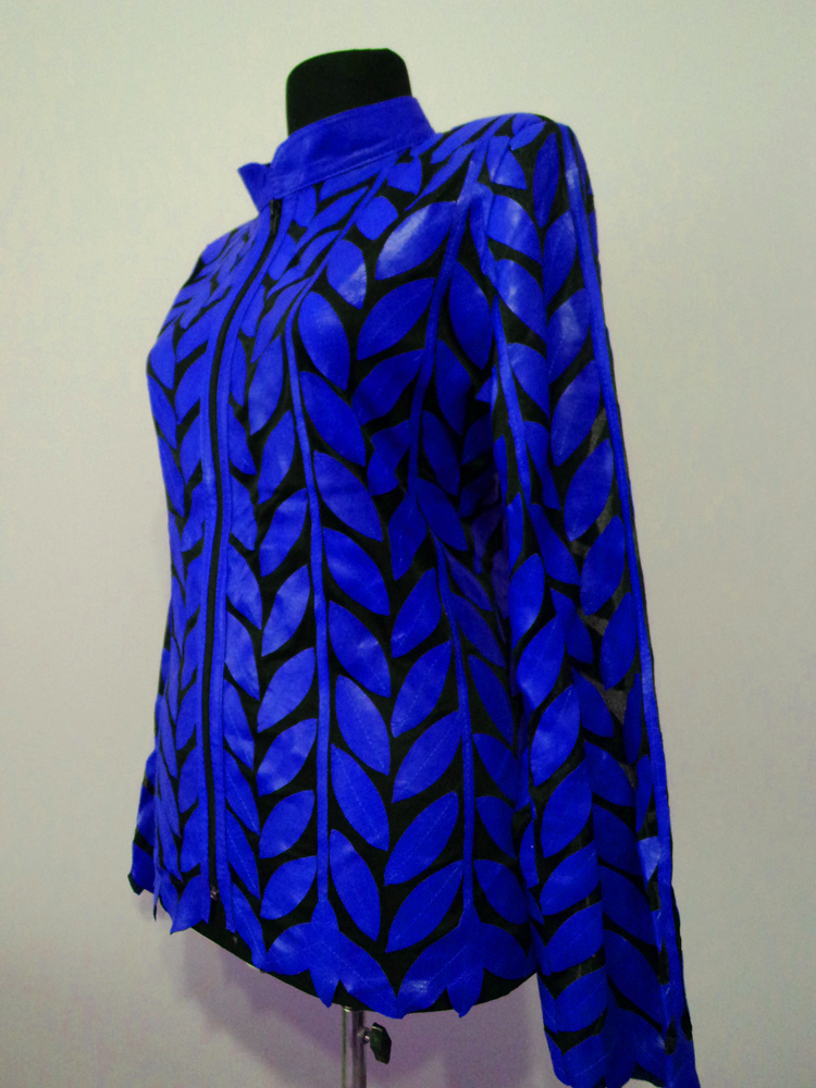 Blue Leather Leaf Jacket for Women Design 04 Genuine Short Handmade Lightweight Meshed