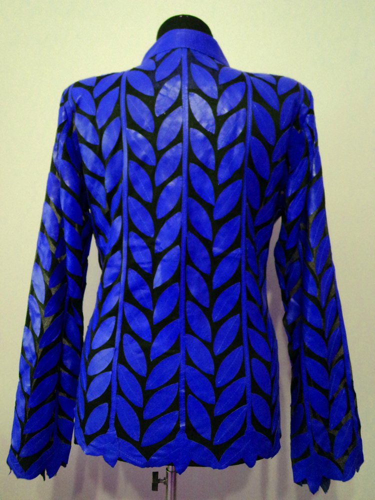 Blue Leather Leaf Jacket for Women Design 04 Genuine Short Handmade Lightweight Meshed