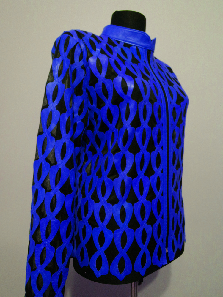 Blue Leather Leaf Jacket for Women Design 05 Genuine Short Zip Up Light Lightweight