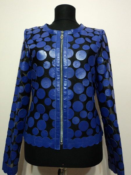 Blue Women's Leather Leaf Jacket Round Neck Genuine Lambskin Zip Short Soft Real Skin Lightweight Windbreaker Handmade