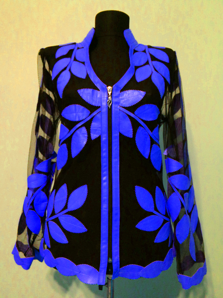 Blue Leather Leaf Jacket Women Design Genuine Short Zip Up Light Lightweight