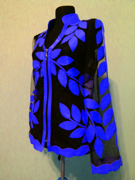 Blue Leather Leaf Jacket Women Design Genuine Short Zip Up Light Lightweight