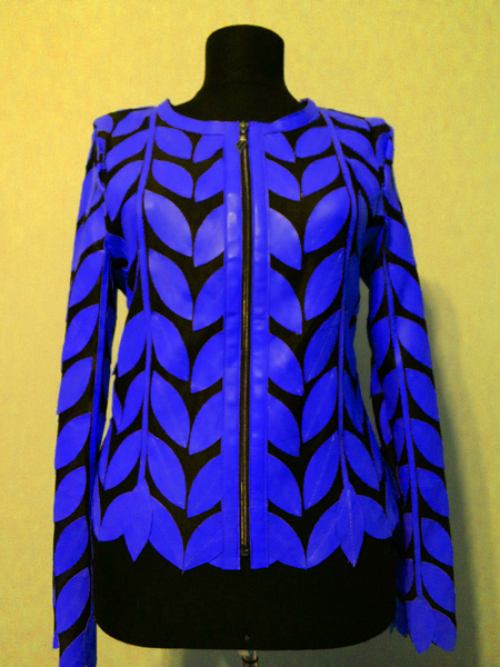 Blue Leather Leaf Jacket Women Design Genuine Short Zip Up Light Lightweight