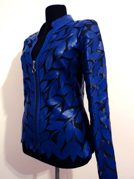 Blue Leather Jacket Woman Coat Women Leaf Design Zipper Short Light V Collar Zip Genuine Lambskin Real Soft Lightweight Tulle