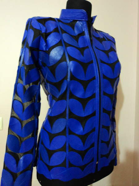 Blue Leather Leaf Jacket Women Design Genuine Short Zip Up Light Lightweight