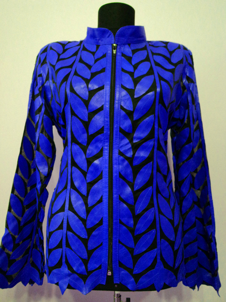 Blue Leather Leaf Jacket Women Design Genuine Short Zip Up Light Lightweight