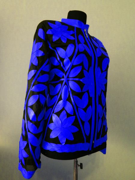 Blue Leather Leaf Jacket Women Design Genuine Short Zip Up Light Lightweight