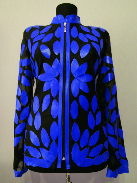 Blue Leather Leaf Jacket Women Design Genuine Short Zip Up Light Lightweight