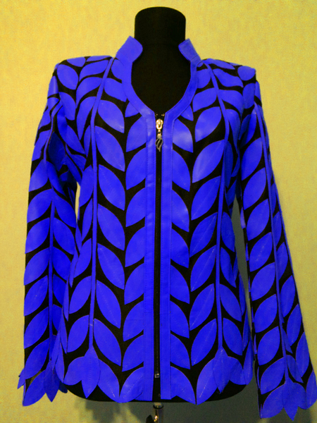 V Neck Blue Leather Leaf Jacket for Women