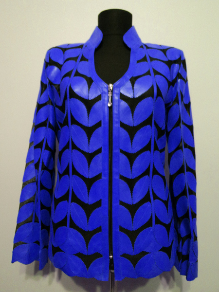 Blue Leather Leaf Jacket for Women V Neck Design 09 Genuine Short Zip Up Light Lightweight