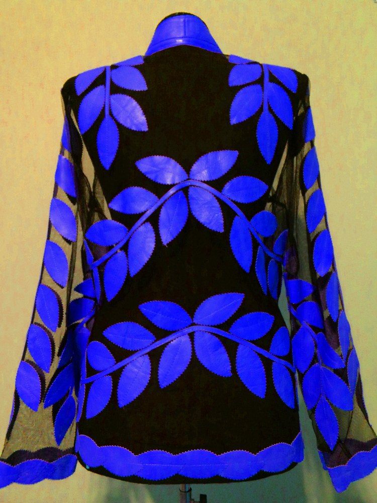 Blue Leather Leaf Jacket for Women V Neck Design 10 Genuine Short Zip Up Light Lightweight