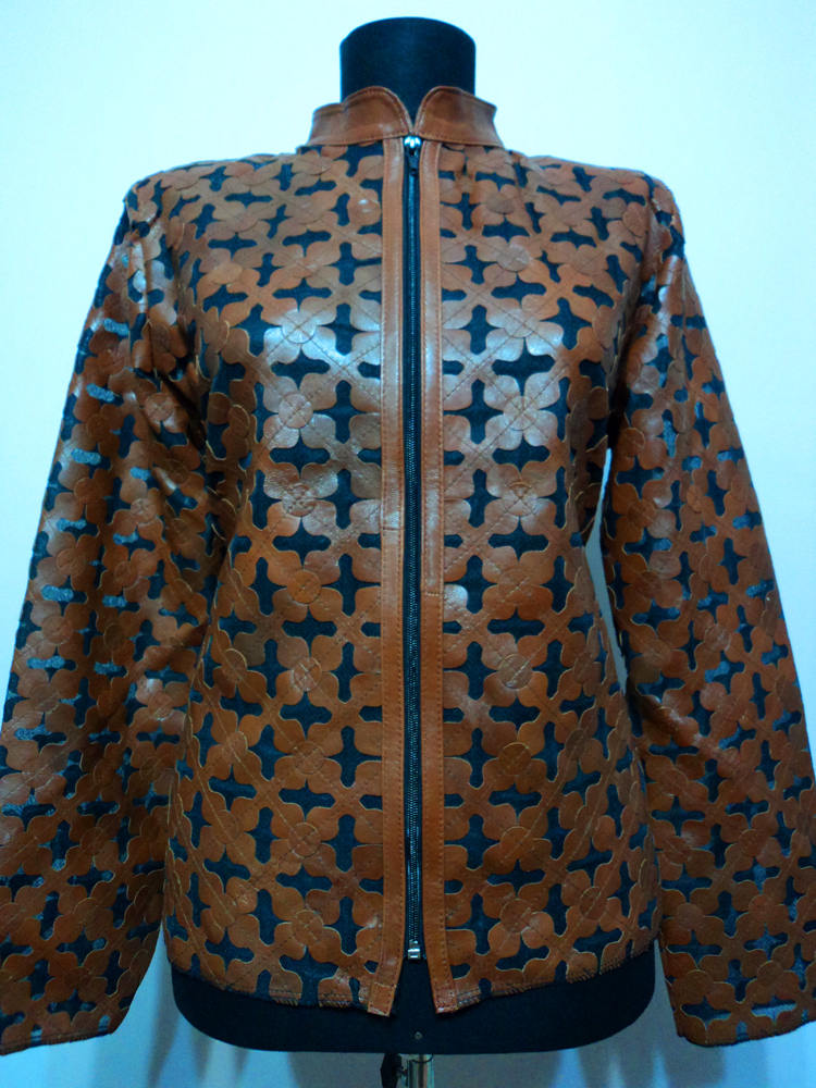 Brown Leather Leaf Jacket for Women Design 06 Genuine Short Zip Up Light Lightweight