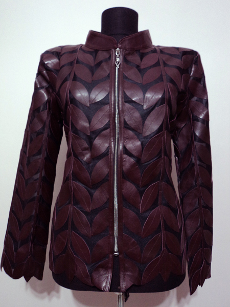 Burgundy Leather Leaf Jacket for Women Design 04 Genuine Short Zip Up Light Lightweight