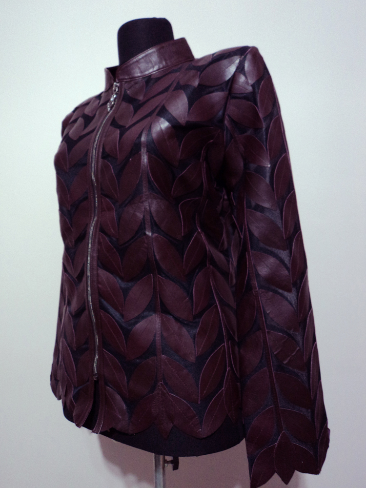Burgundy Leather Leaf Jacket for Women Design 04 Genuine Short Zip Up Light Lightweight