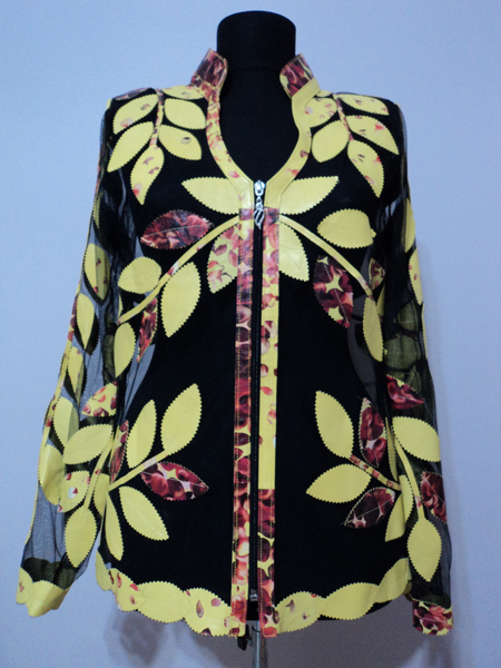 V Neck Flower Pattern 2 Yellow Leather Leaf Jacket for Women