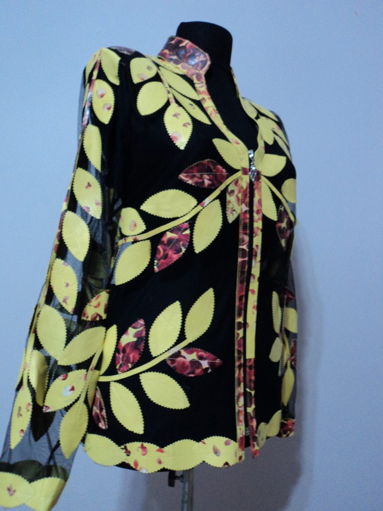 Flower Pattern 2 Yellow Leather Leaf Jacket for Women V Neck Design 10 Genuine Short Zip Up Light Lightweight