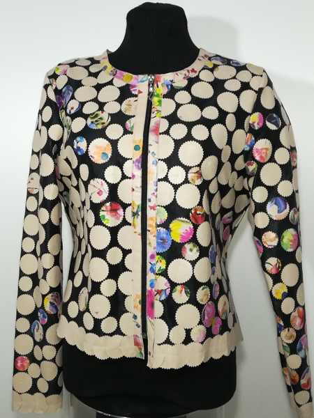 Flower Pattern Beige Leather Leaf Jacket for Women Design 07 Genuine Short Zip Up Light Lightweight [ Click to See Photos ]