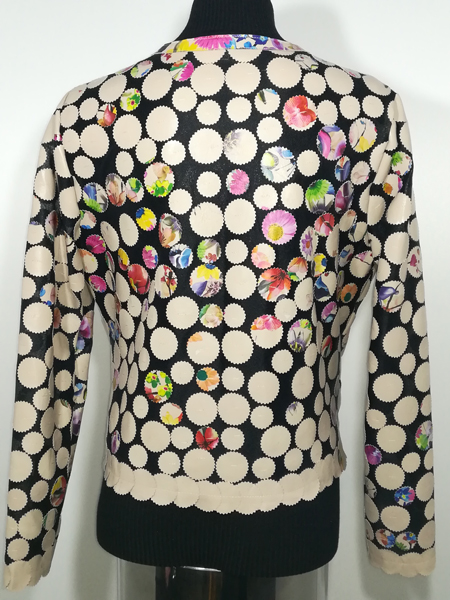 Flower Pattern Beige Leather Leaf Jacket for Women Design 07 Genuine Short Zip Up Light Lightweight