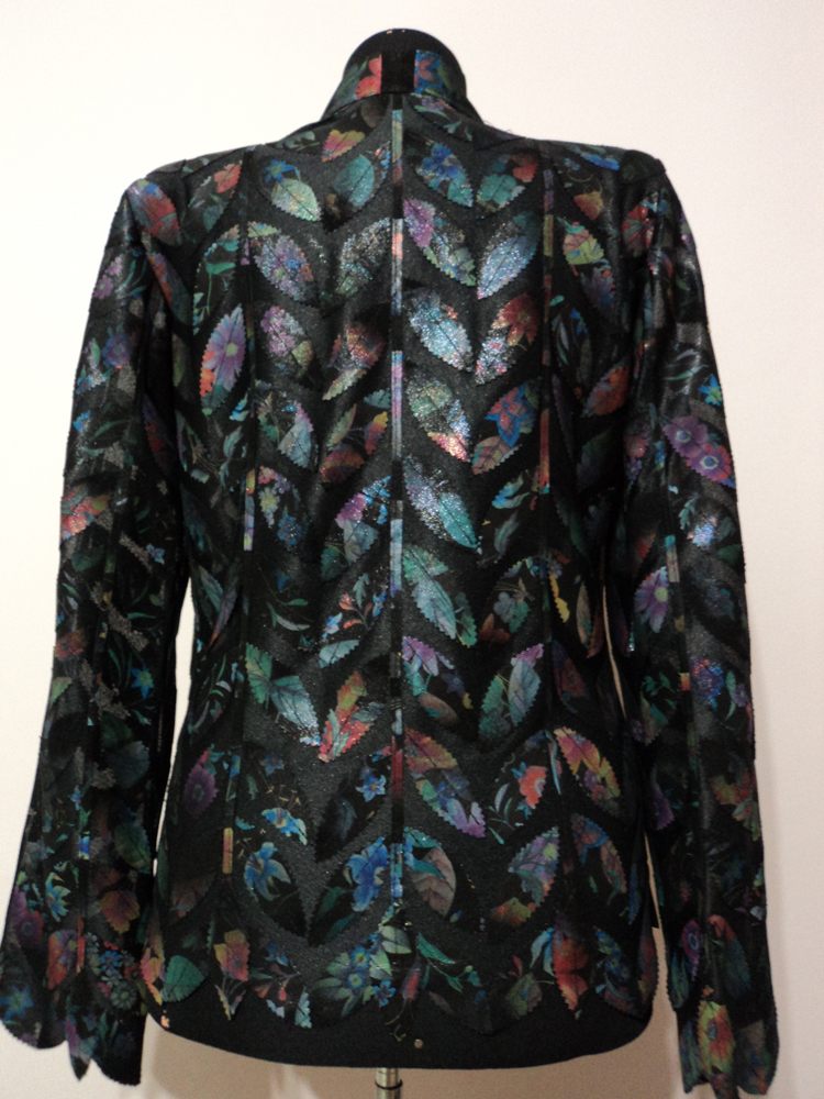 Flower Pattern Black Leather Leaf Jacket for Women Design 04 Genuine Short Zip Up Light Lightweight