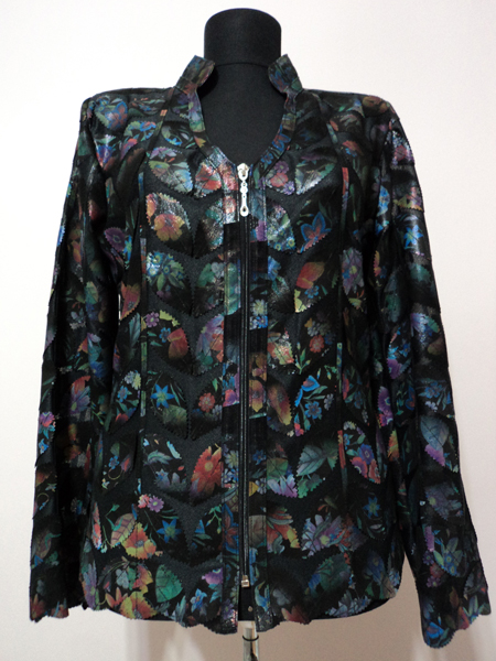 V Neck Flower Pattern Black Leather Leaf Jacket for Women