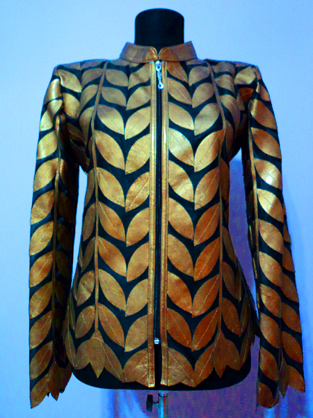 Gold Leather Leaf Jacket Women Design Genuine Short Zip Up Light Lightweight