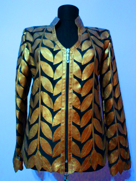 V Neck Gold Leather Leaf Jacket for Women