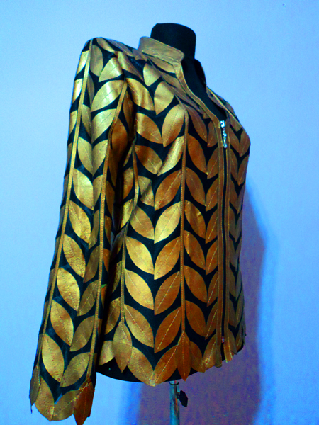 Gold Leather Leaf Jacket for Women V Neck Design 08 Genuine Short Zip Up Light Lightweight