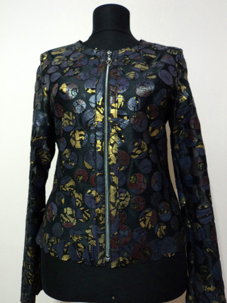 Gold Spotted Navy Blue Leather Leaf Jacket for Women