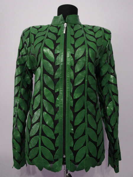 Green Leather Leaf Jacket for Women Design 04 Genuine Short Zip Up Light Lightweight