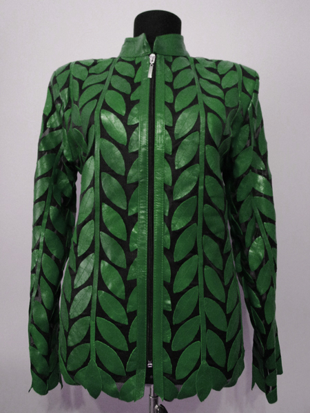 Green Leather Leaf Jacket Women Design Genuine Short Zip Up Light Lightweight