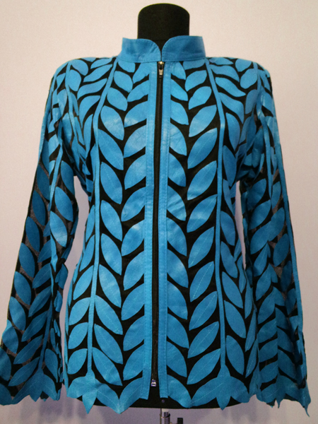 Ice Baby Light Blue Leather Leaf Jacket for Women