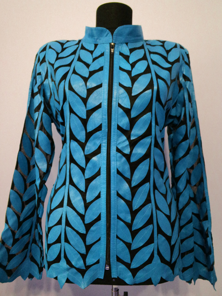 Ice Baby Blue Leather Leaf Jacket Women Design Genuine Short Zip Up Light Lightweight