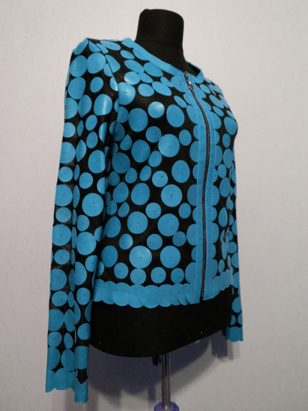 Ice Baby Blue Leather Leaf Jacket Women Design Genuine Short Zip Up Light Lightweight