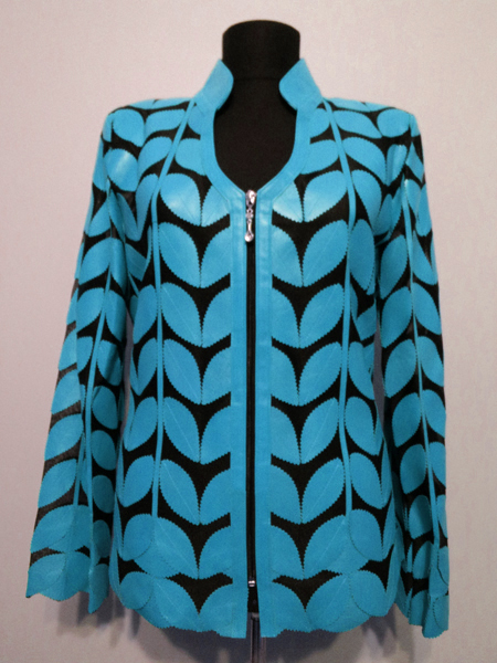 Ice Baby Blue Leather Leaf Jacket Women Design Genuine Short Zip Up Light Lightweight