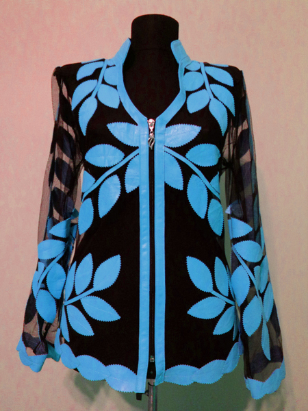 Ice Baby Blue Leather Leaf Jacket Women Design Genuine Short Zip Up Light Lightweight