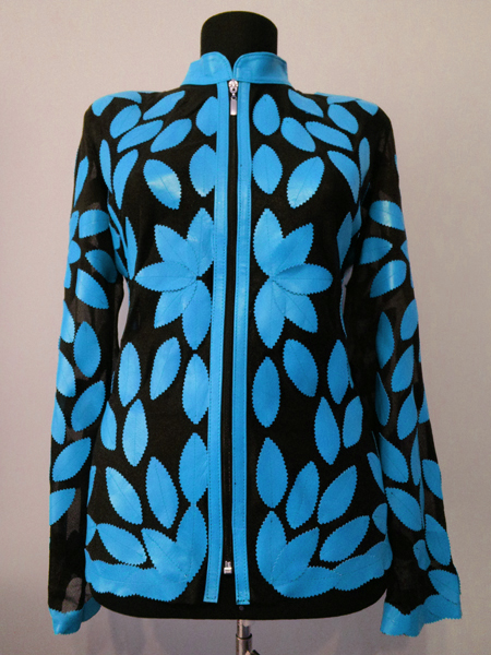 Ice Baby Blue Leather Leaf Jacket Women Design Genuine Short Zip Up Light Lightweight