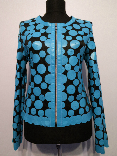 Ice Baby Blue Leather Leaf Jacket Women Design Genuine Short Zip Up Light Lightweight