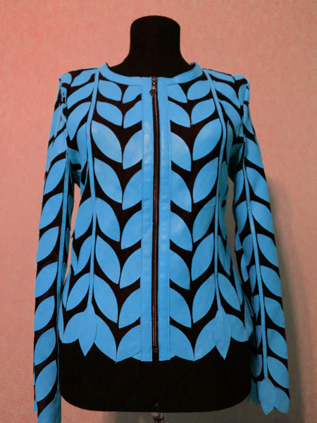 Light Blue Leather Leaf Jacket for Women Round Neck Design 11 Genuine Short Zip Up Light Lightweight