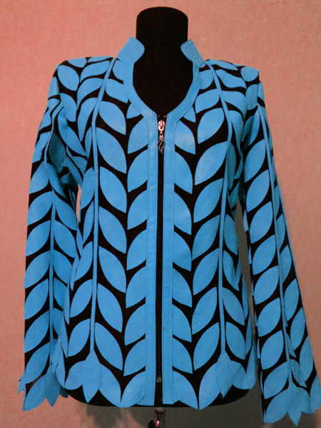 V Neck Light Blue Leather Leaf Jacket for Women