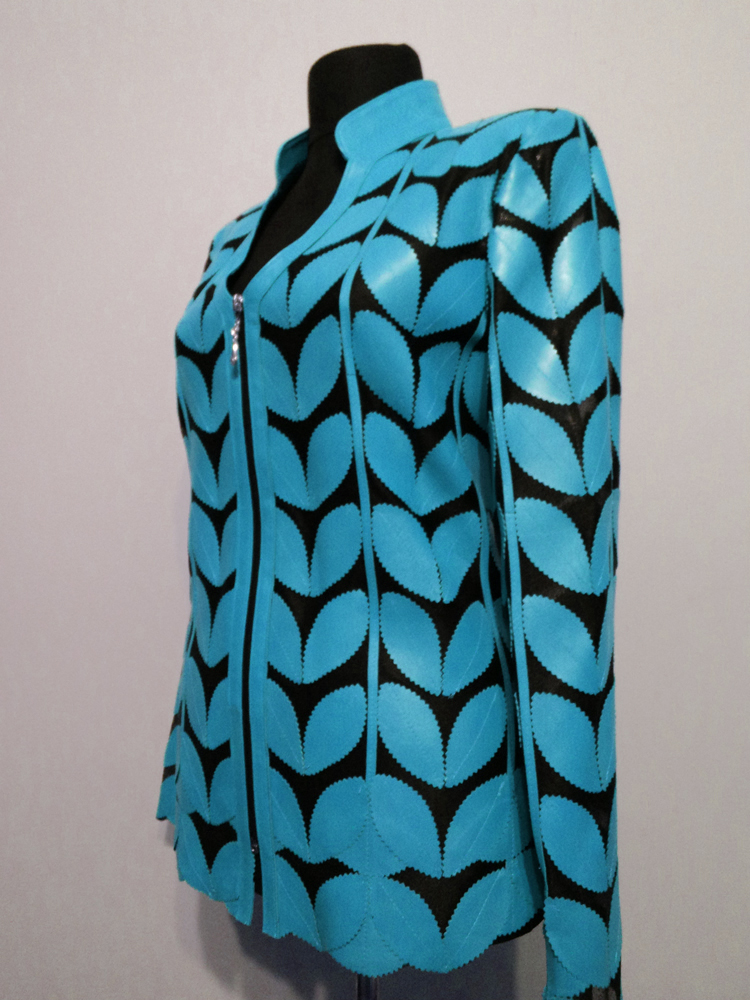 Light Blue Leather Leaf Jacket for Women V Neck Design 09 Genuine Short Zip Up Light Lightweight