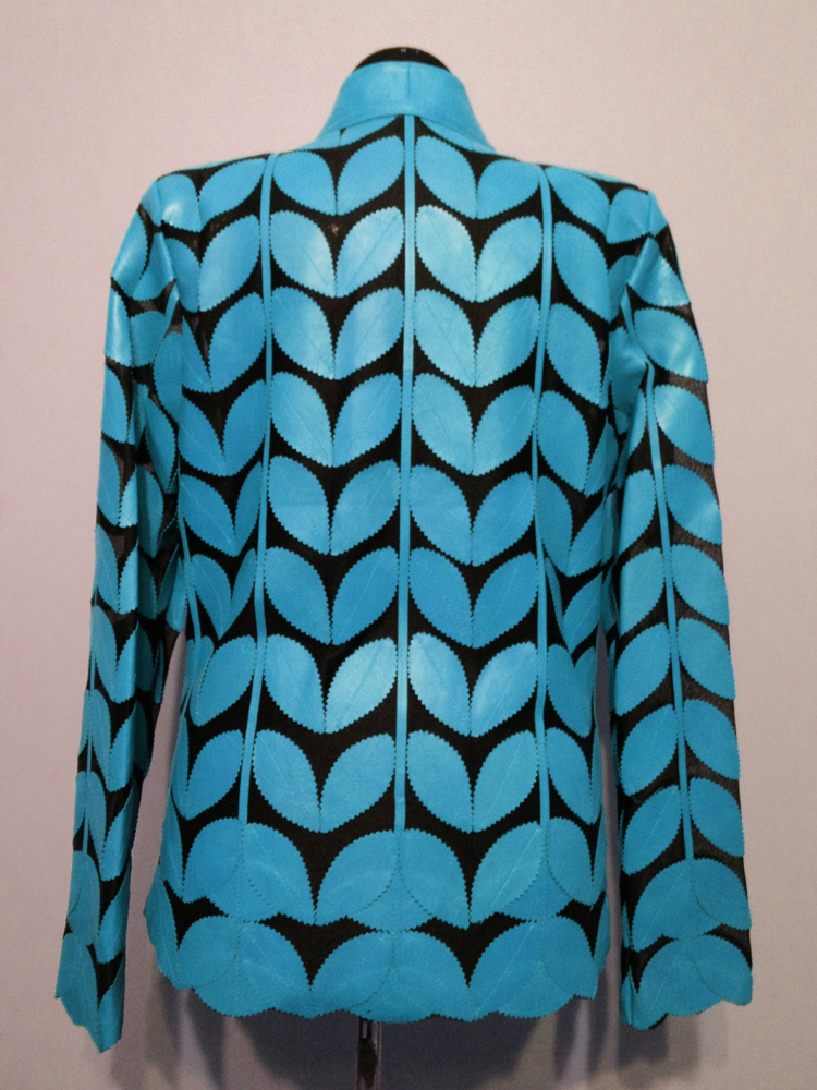 Light Blue Leather Leaf Jacket for Women V Neck Design 09 Genuine Short Zip Up Light Lightweight