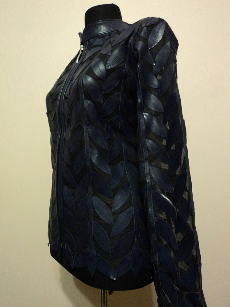 Navy Blue Leather Leaf Jacket for Women Design 04 Genuine Short Handmade Lightweight Meshed
